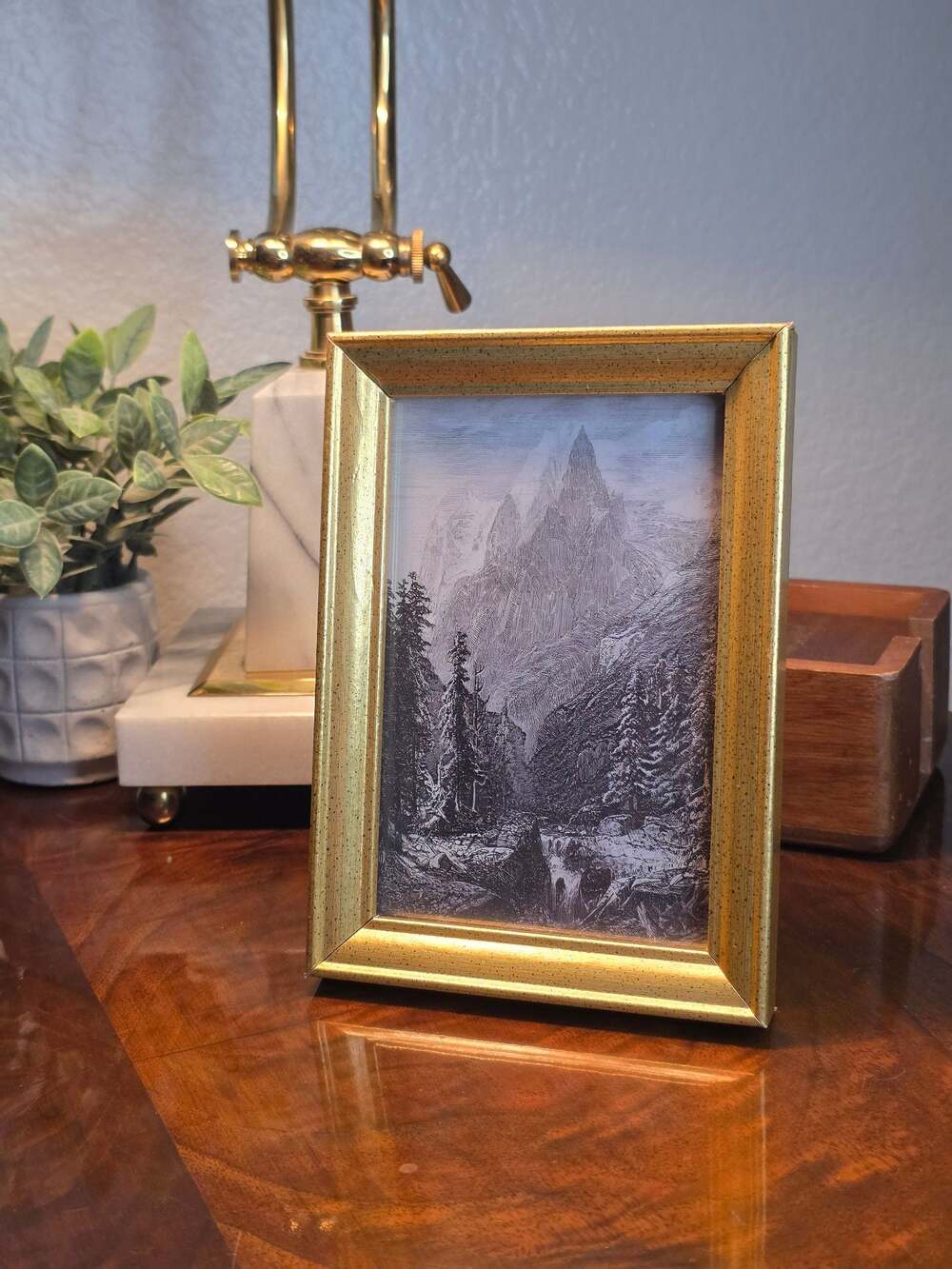 Vintage Style Mountain Art  Landscape Sketch-Style in Gold Frame